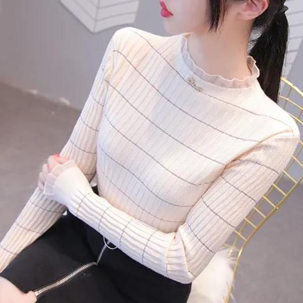 Women's Half Turtleneck Mesh Fungus Edge Bottoming Shirt Slim Fit Long Sleeve Knit Stretch Plus Size Sweater