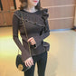 Pofulove early spring new sweater sweater women sweet temperament ruffled flared sleeve cardigan