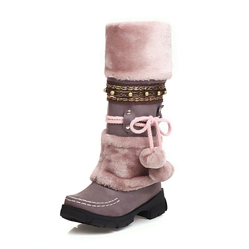 Bohemian Women's Snow Boots Beaded Fur Ball Thick Bottom High Boots Plus Velvet Calf-high Boots Plus Size 35-43