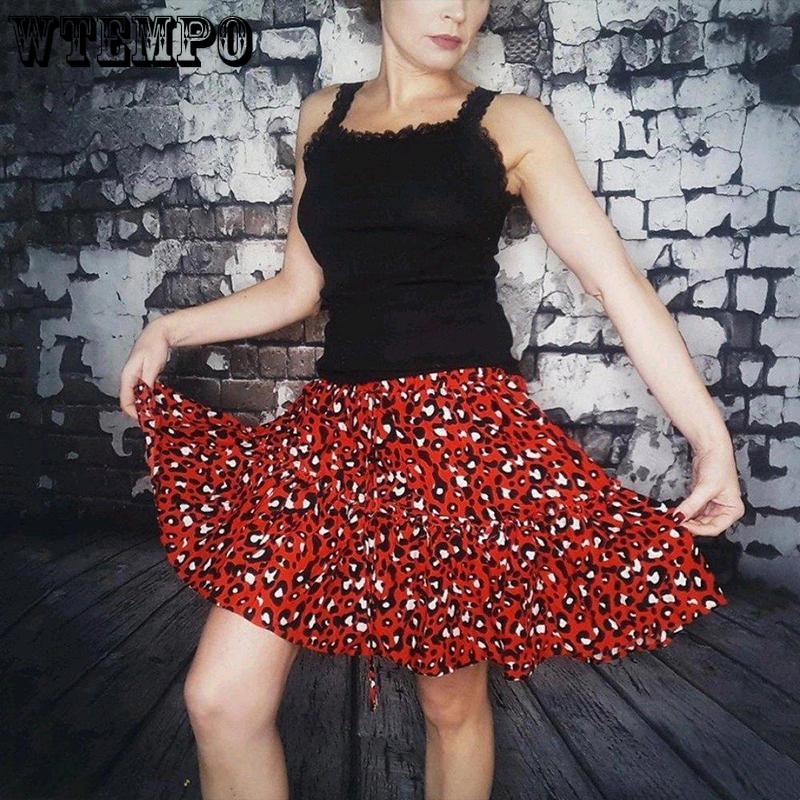 Sexy Leopard Pleated Skirts Mini Boho Elastic High Waist Ruffles Elastic Waist High Above The Knee Skirt