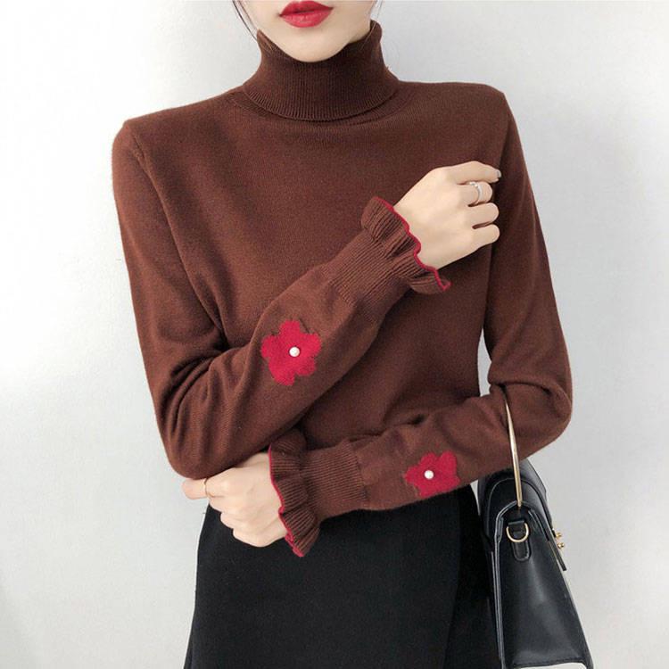 PofuLove Autumn and Winter Tops Pullover Turtleneck Sweater Outerwear Flower Embroidered Sweater