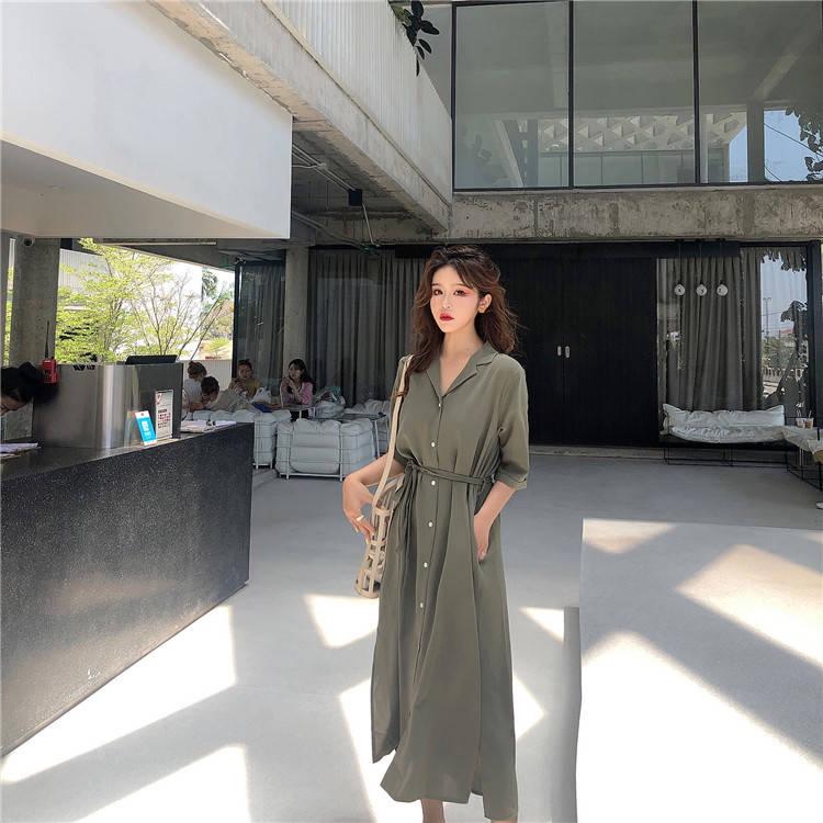 Casual Sashes A Line Women Dress Ladies Lapel Party Dress Summer Elegant Long Dress Shirt Dress