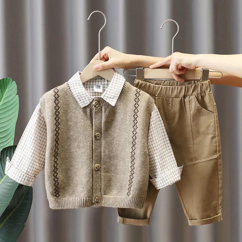 Three-piece Suit Boys and Girls Korean Sweater Vest Suit Spring and Autumn Loose Suit Shirt Trousers Sets Casual Suit
