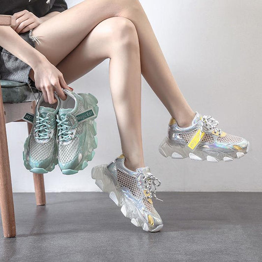 Thick Bottom Hollow Dad Sandals Female Summer  Wild Sponge Cake Crystal Shoes Korean Version of Breathable Sports Shoes