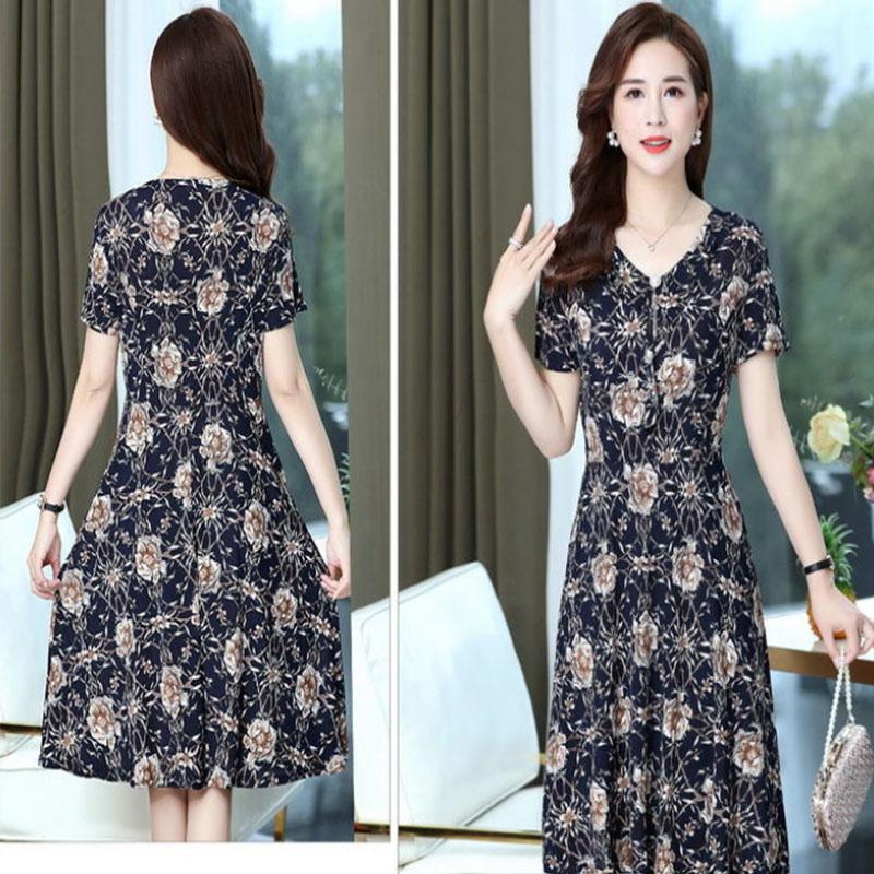 Women's Mid-length Skirt Floral Dress Middle-aged and Elderly Short-sleeved Large Size Loose and Thin Mother Long Skirt