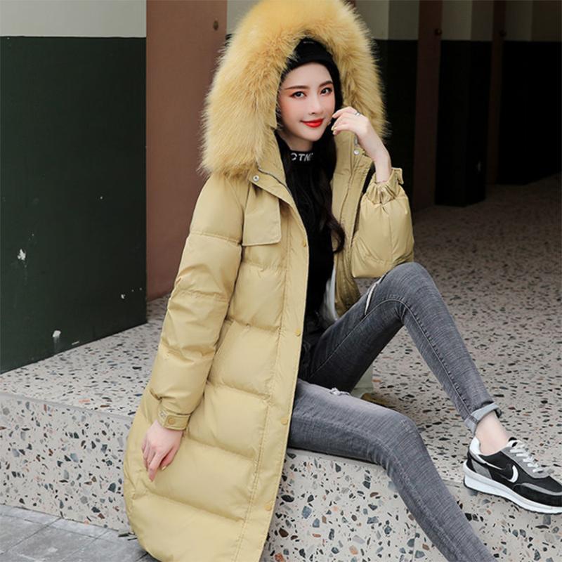 Women's Solid Color Hooded Down Jacket  Long Korean Loose Thick Coat Warm Cotton Coat  Large Wool Collar Winter Quilted Coat