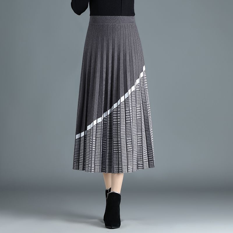 Women's Knitted Skirt Autumn and Winter Thick Retro Knit A-line Skirt High Waist Long Knitted Pleated Skirt Thousand Island Grid Stitching