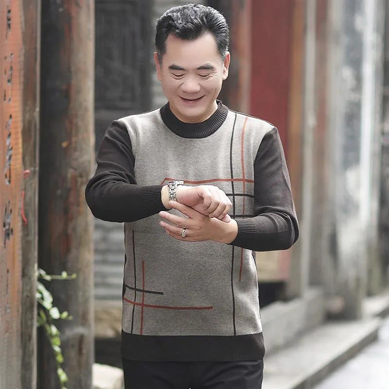 Men's Middle-aged and Elderly Sweater Dad Bottoming Shirt Crew Neck Pullover Autumn and Winter Knitted Sweater Loose Warm Grandpa Shirt