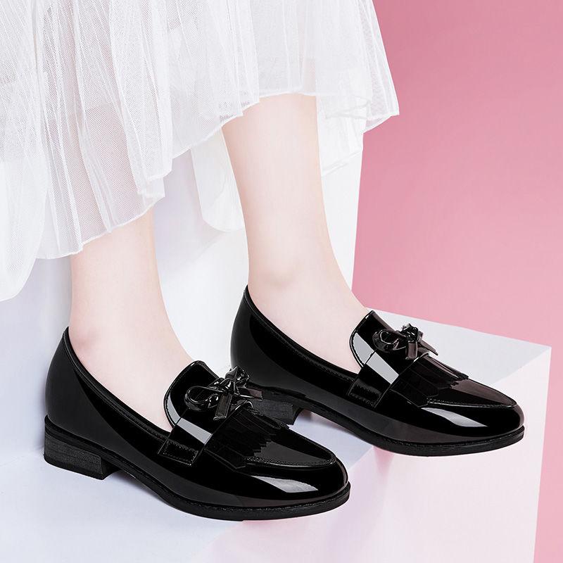 Flat Single Shoes Women Patent Leather Thick Heel Small Leather Shoes British Style Social Work Shoes Women Shiny Small Leather Shoes