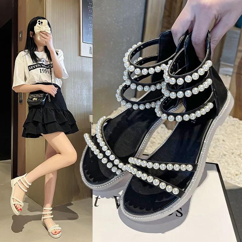 Summer Exquisite Vintage Pearl Sandals Korean Casual All Match Roman Sandals Flat Non-slip Beach Shoes