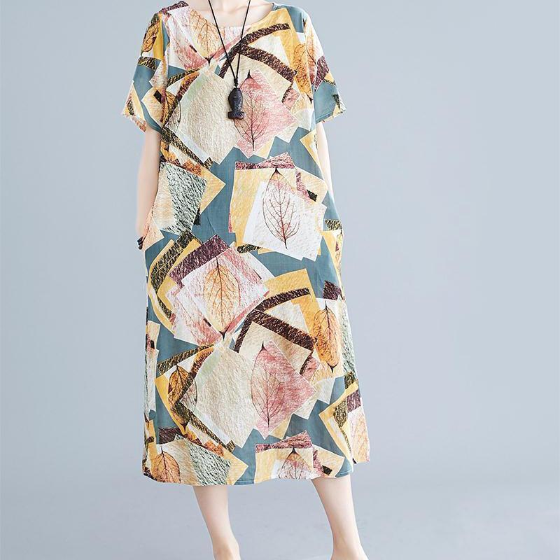 Women's Summer Dress Literary Retro Large Size Printing Round Neck Pocket Loose and Thin Cover Belly