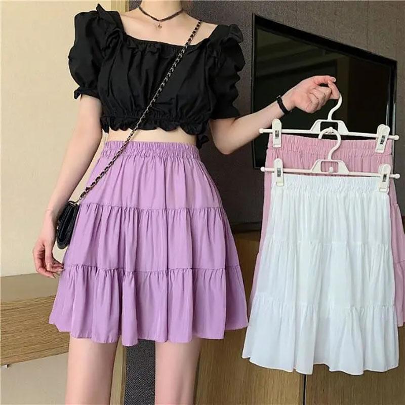 Woman Skirts Girls Casual A-line Skirt Solid Color Mini Skirts Summer Female Elastic High Waist Pleated Skirt Loose Ball Gown