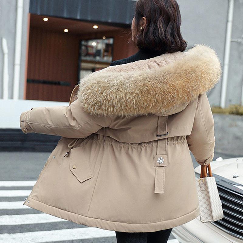Parker Down Padded Jacket with Faux Fur Collar Mid-length Hooded Loose and Warm Winter Plus Velvet Thick Coat Is Soft and Comfortable