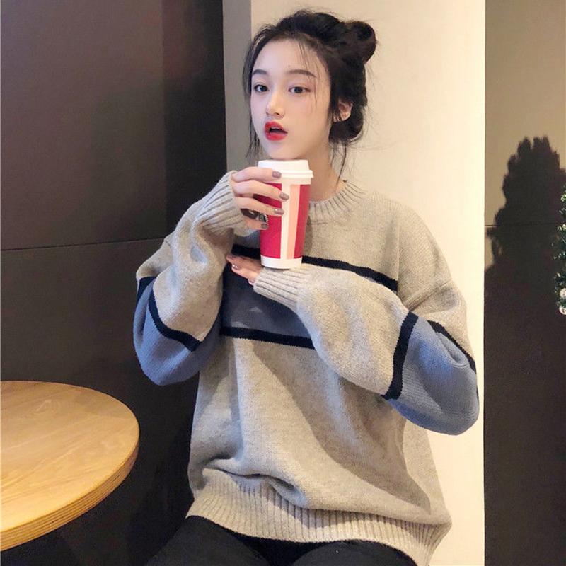 Autumn and Winter Pullover Crew Neck Sweater Korean Style College Style Color Matching Male and Female Students Loose Lazy Knit Jacket
