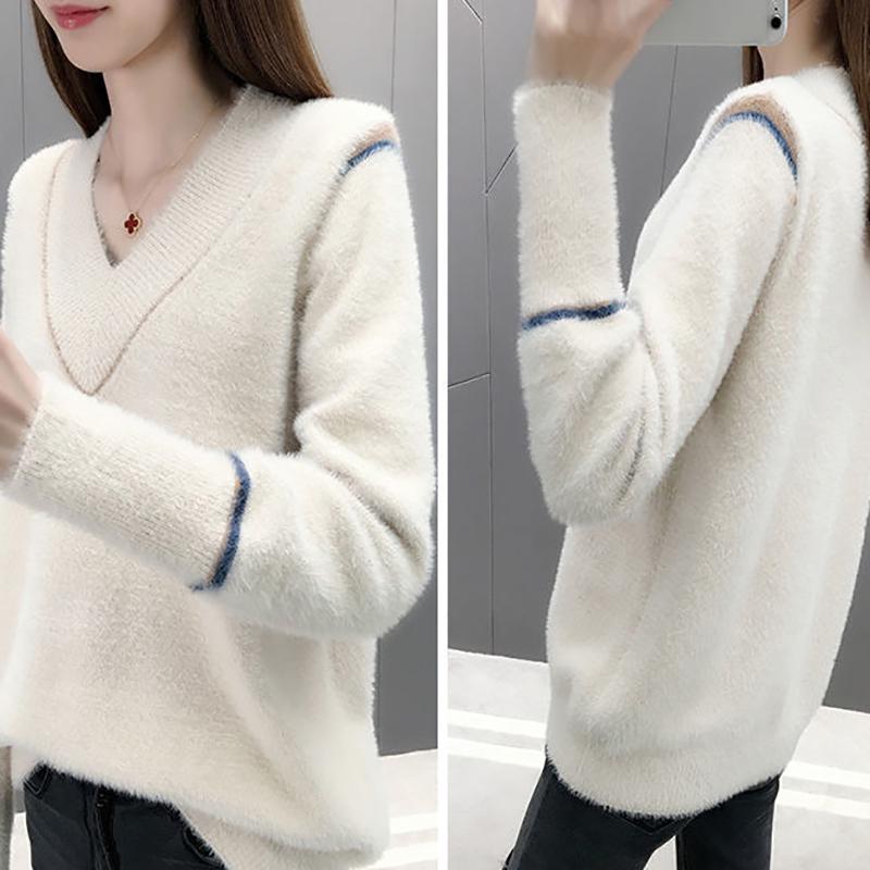 Imitation Mink Velvet Fashion V-neck Sweater Women  Korean Loose Comfortable Net Red All-match Hooded Long-sleeved Blouse