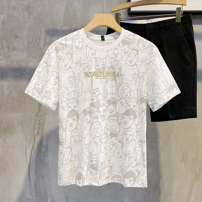 Summer Cotton Short-sleeved T-shirt Male Fun Character Printing Simple Round Neck Casual Half-sleeved T-shirt