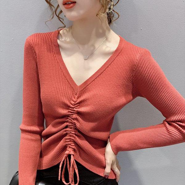 V-neck Slim Long-sleeved Knit Bottoming Shirt Women Drawstring Ladies Sweater Short Tights