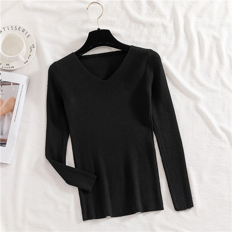 Women's Autumn and Winter V-neck Elastic Slim Sweater Versatile Large Size Knitted Pullover Long Sleeve Bottoming Sweaters