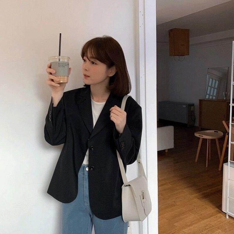 Women's Suit Jacket Korean Style Loose Spring  Autumn British Style Gray Short Suit Small Top