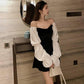 Fashion Sweet Pleuche Dress Stylish Sexy Slash Neck Puff Sleeve Slim Spring Sundress Vestidos