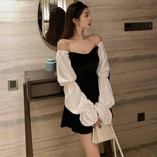 Fashion Sweet Pleuche Dress Stylish Sexy Slash Neck Puff Sleeve Slim Spring Sundress Vestidos