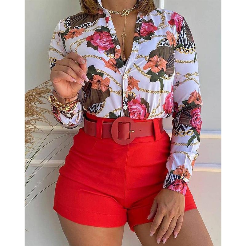 Women's Light Cooking Digital Printing Stand Collar Long Sleeve Shirt Ladies Shorts Set
