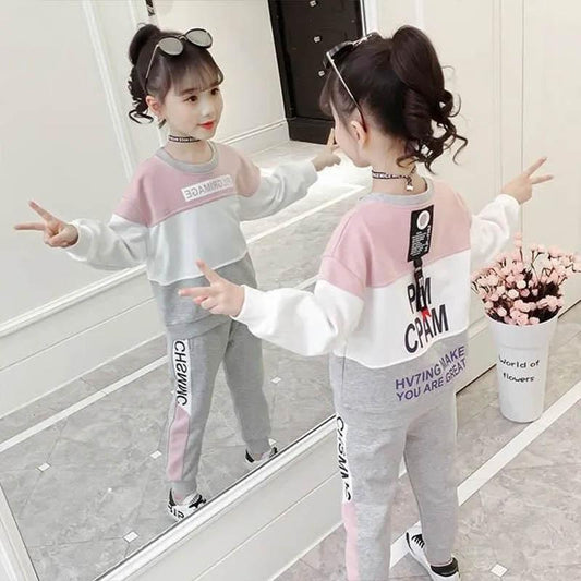 Spring Long-sleeved Casual Two-piece Girl Loose Pullover Sports Suit Contrast Color Stitching Design Girl Spring and Autumn Two-piece