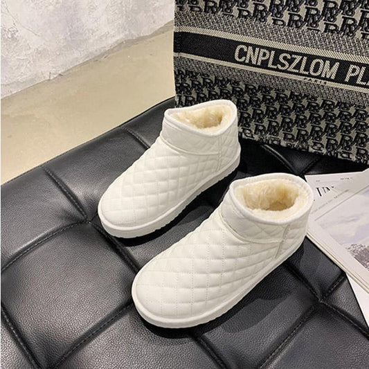 Winter Warm Snow Boots Women Lazy Casual Lozenge Cotton Shoes Solid Color Flat Short Boots