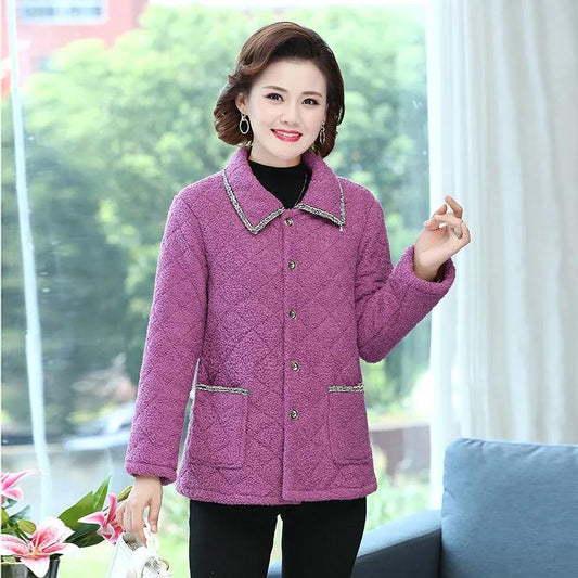 Small Fragrant Wind Short Coat Ladies Middle-aged and Elderly Lamb Wool Coat Plus Velvet Thick Casual Winter Small Padded Jacket