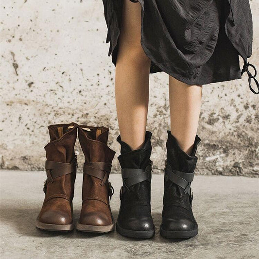 Suede Calfskin Martin Boots Women British Style Autumn Winterplus Plush  Leather Mid-Calf Boots