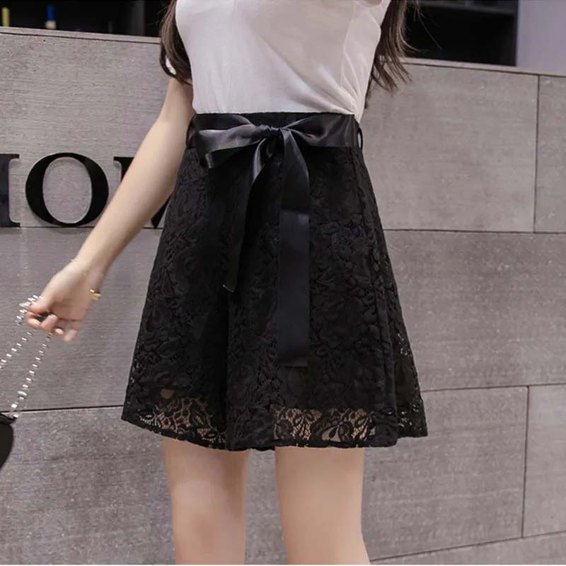 Lace Embroidered Bow Shorts Women Summer Korean Thin Wide-leg Short Pants A-line Bottoms Casual Temperament Shorts High Waist Temperament Short Pants