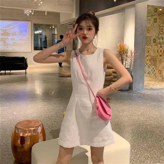 Sweet Sleeveless White Slim-fit Waist Skirt Girlish Rainbow Color Button A-line Short Dress