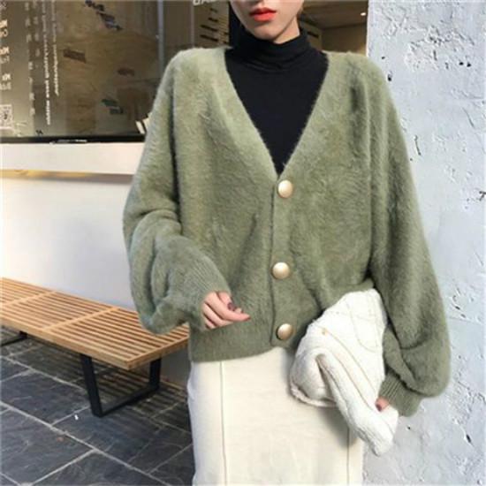 6 Colors Women Faux Mink Cashmere Lazy Loose Sweater Knitted V-neck Cardigan Button Coat