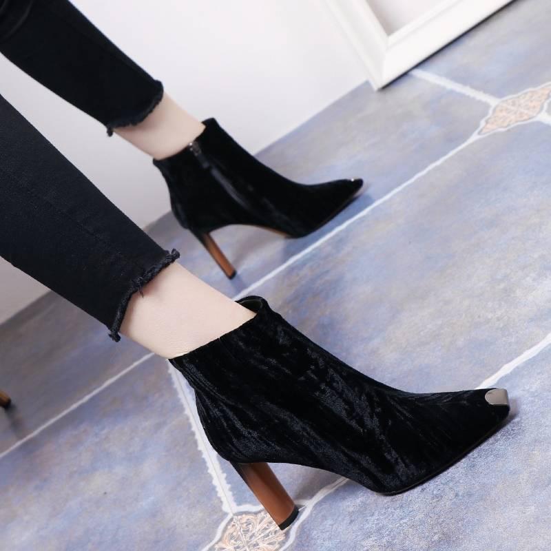 Thick with Martin Boots Female Metal Square Head High Heel Boots  Zipper Bare Boots Banquet Shoes