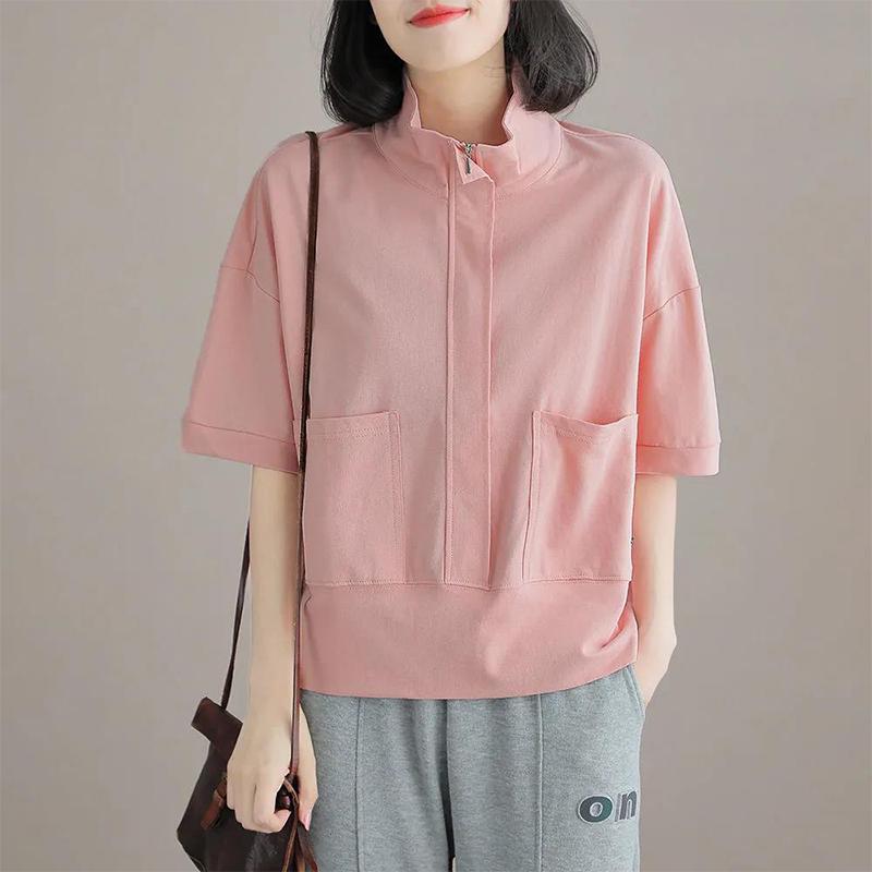 Short-sleeved Sweater Women's Summer Cotton T-shirt Loose and Thin All-match Casual Collar Top