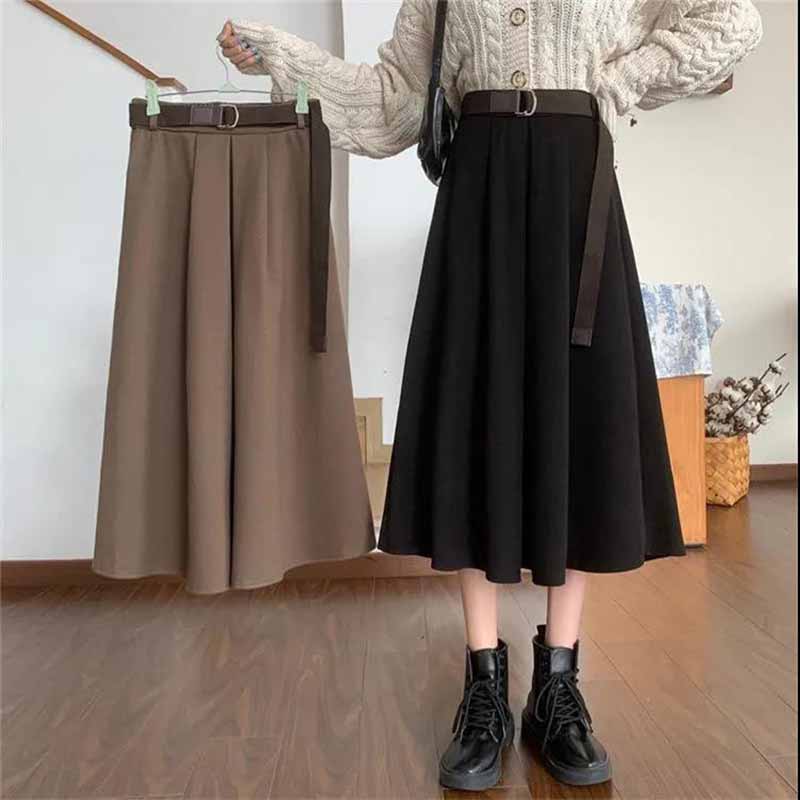 Autumn and Winter Belted Retro High Waist Slimming Korean Woolen A-line Mid-length Pleated Skirt