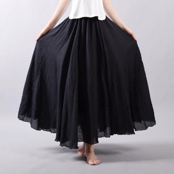 Women Large Size Cotton and Linen Skirt with Elastic Waist and Linen A-line Skirt with Long Solid Color Ethnic Style