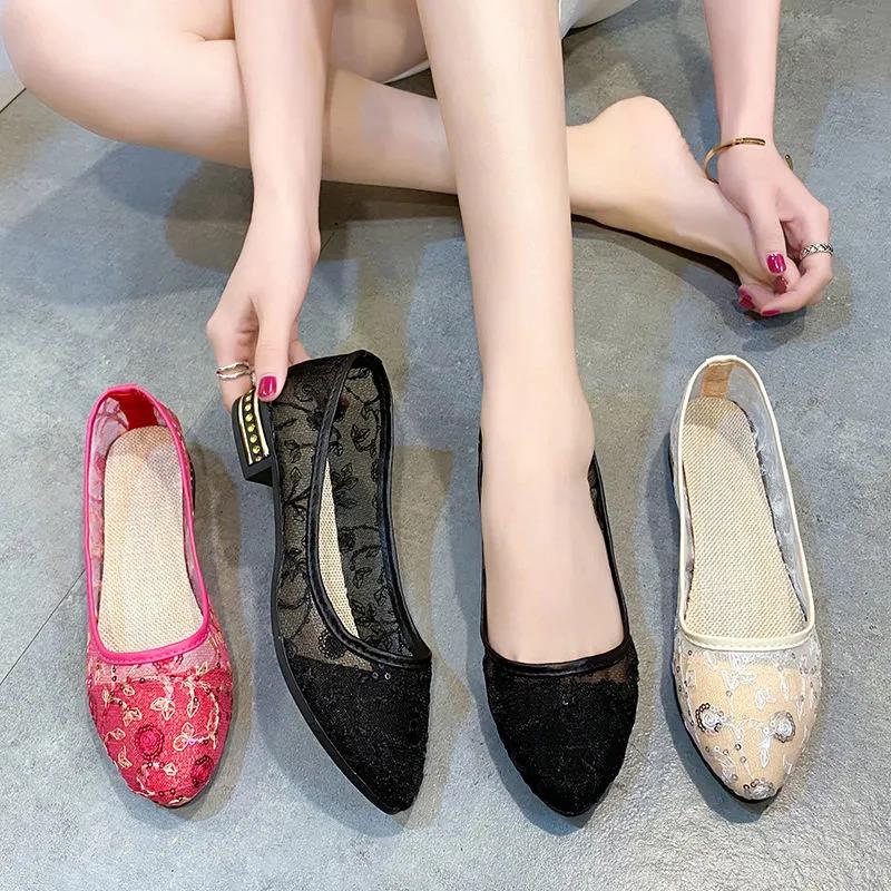 Women's Summer Cloth Shoes Flat Mesh Hollow Shoes Mid-heel Sandals