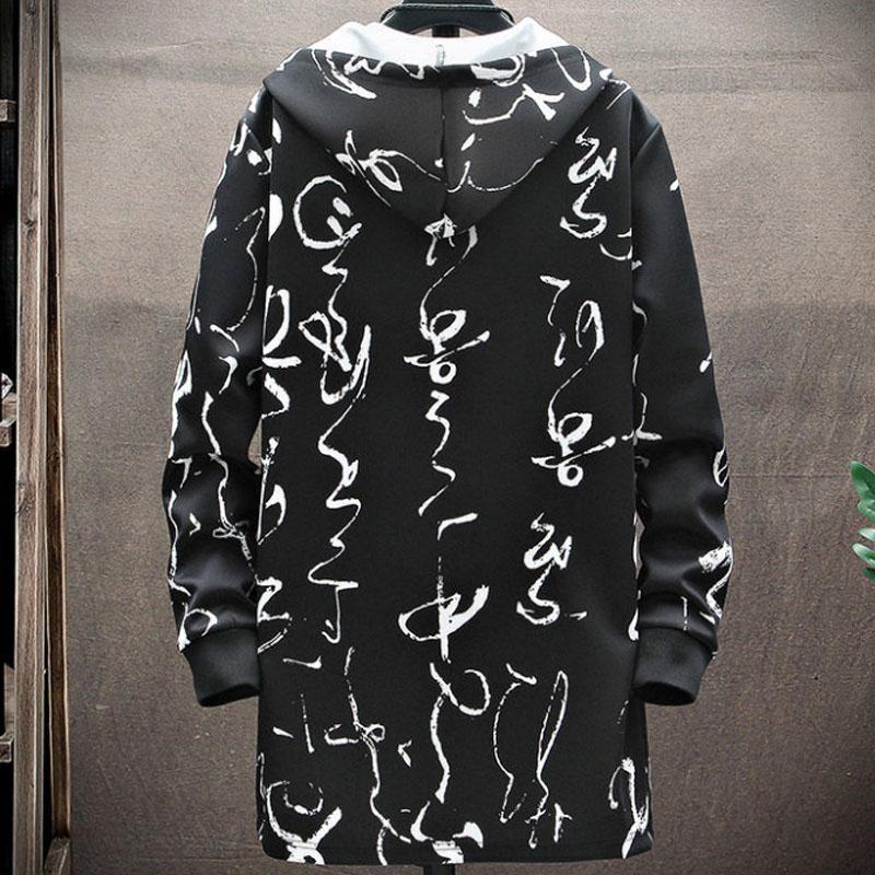 Chinese Calligraphy Print Jacket Men Hooded Windbreaker Spring Casual Loose Coat Soft Comfortable Top Long