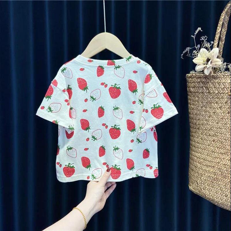 Children's Clothing Girls Summer Two-piece Denim Shorts + Girl Baby Half-sleeved T-shirt Sweet Strawberry Top