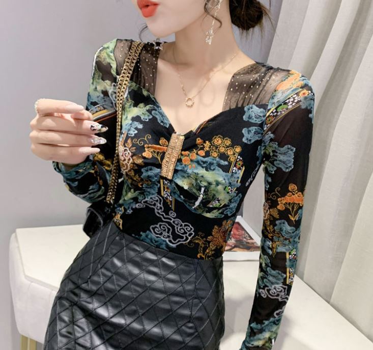Sexy Mesh Bottoming Shirt Drill Design Sense Long Sleeve Women's Top V-Neck Slim Fit Plus Size Women's Clothing