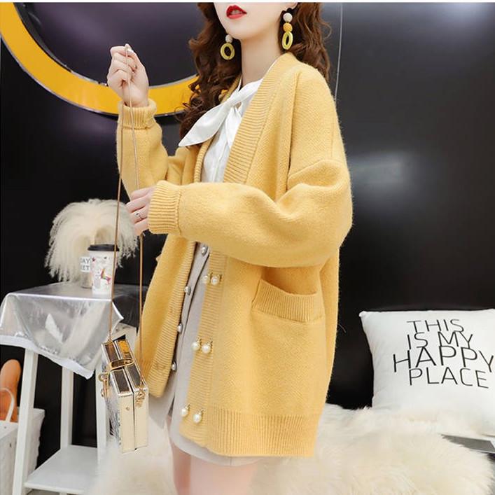 Autumn and Winter Loose Solid Color Coat Double-breasted Button Cardigan Sweater Women Plus Size Pocket Knitwear