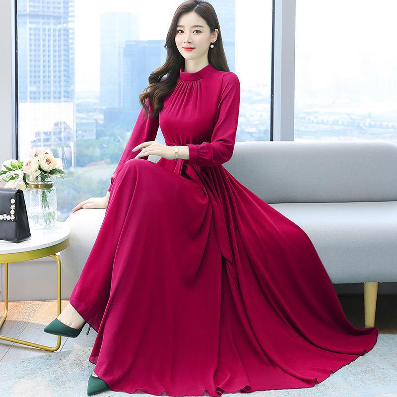 Chiffon Long Sleeve Dress for Women Spring Autumn Large Size Pure Color Fairy Temperament Over The Knee Beach Large Swing Dress Women