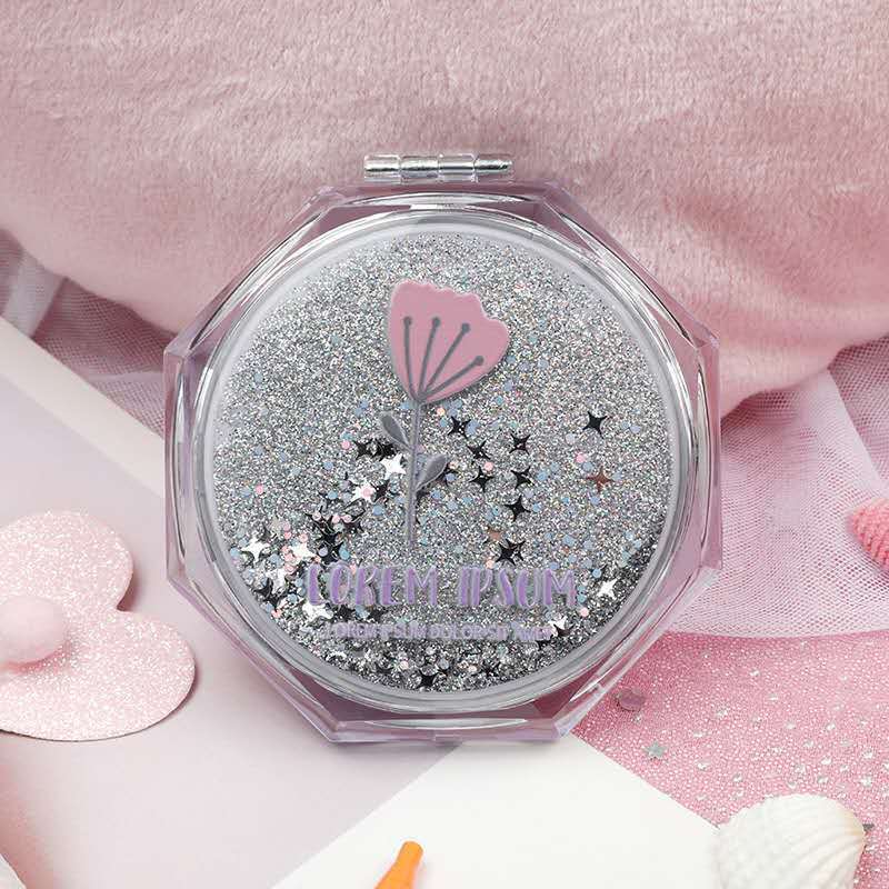 Woman Polygon Hand-held Makeup Mirror Mini Vanity Mirror Schoolgirl Flip Foldable Easy To Carry  Quicksand Sequins
