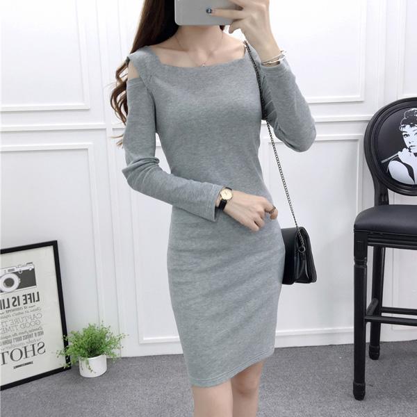 S-XXXL Plus Size Women's Clothing One Word Collar Off the shoulder  Knit Dress Pure Color Sexy Base Hip Skirt