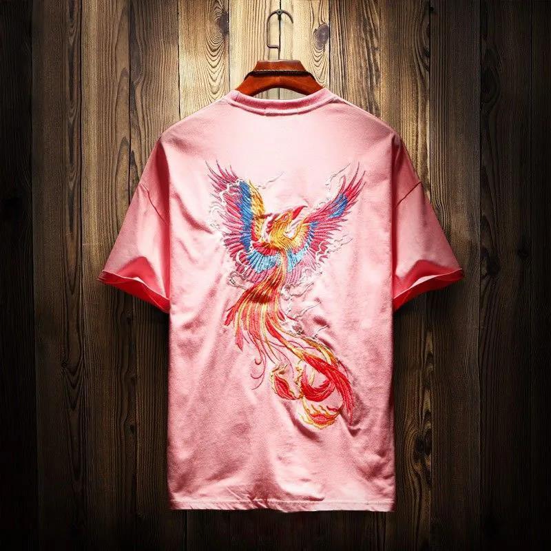 Chinese Style Embroidery Phoenix Nirvana Short-sleeved T-shirt Young Men's Summer Trend Personality Fashion Loose T-shirt