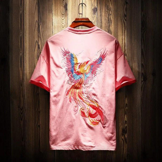 Chinese Style Embroidery Phoenix Nirvana Short-sleeved T-shirt Young Men's Summer Trend Personality Fashion Loose T-shirt