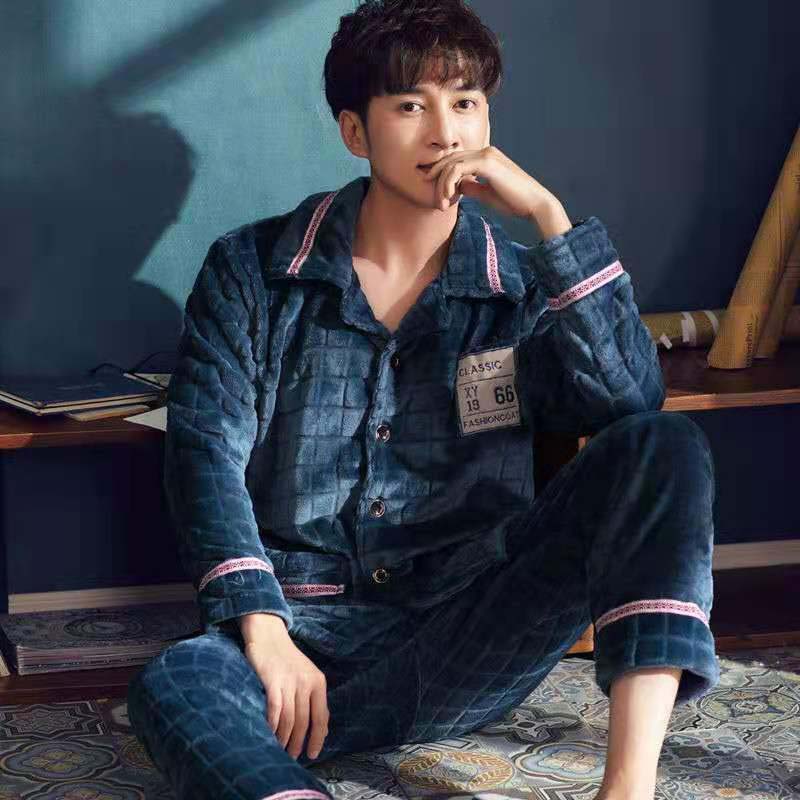 Coral Fleece Pajamas Men's Autumn and Winter Thickening Plus Fleece Young and Middle-aged Long-sleeved Cardigan Home Service Suit