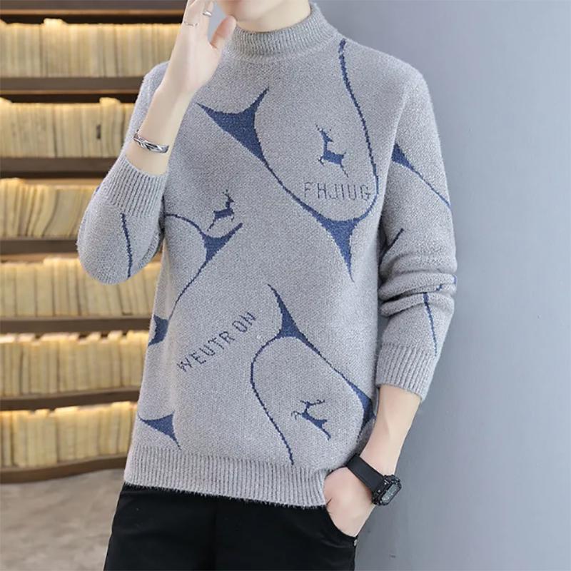 Autumn and Winter Men's Sweatshirts Thickened Warm Sweater Mink Velvet Half High Neck Men's Knitted Sweaters