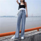 Women Spring Summer Long Jeans Vintage Wide Leg Loose High Waist Light Blue Straight Casual Denim Split Pants